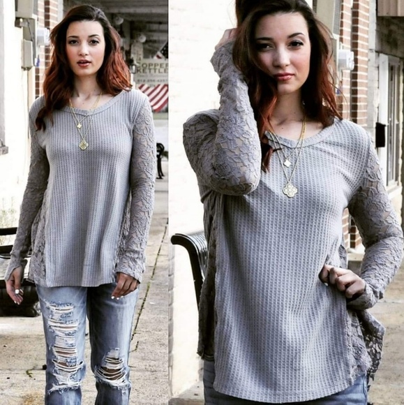 TRASKE Gray Thermal And Lace Long Sleeve Top - Picture 3 of 5